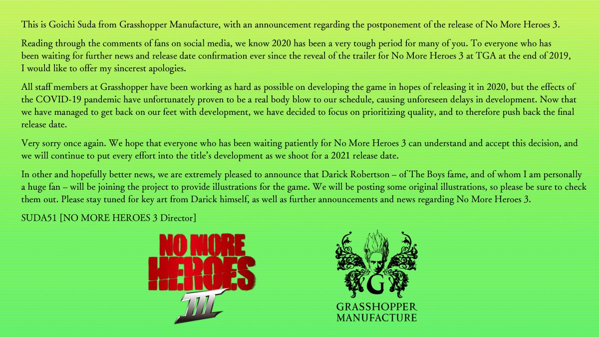 An important announcement regarding the Nintendo Switch exclusive title No More Heroes 3.
#NMH3 #NoMoreHeroes3 #SUDA51 #NintendoSwitch #TRAVIS #TravisTouchdown