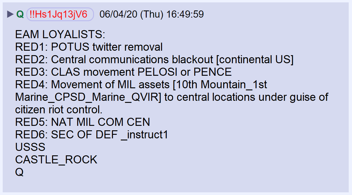 19) Q called on loyalists in the military to support the President. He outlined the steps other loyalists would take if an attempt was made to remove him from office, illegally.