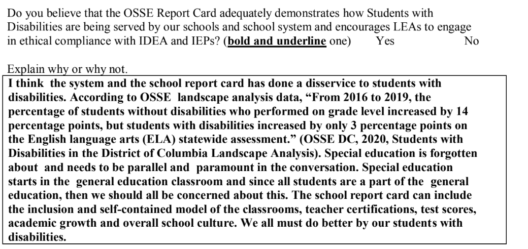 Ward 8 candidate  @LaJoyLaw1 speaks passionately about how she believes the PARCC exam does a disservice to students with disabilities and also her support for more charter school transparency, something she's advocated for in the past.