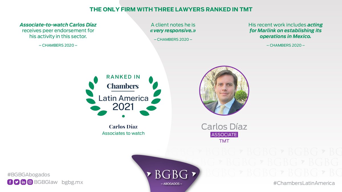 BGBGlaw's tweet photo. Carlos Díaz (@carlos_diaz00) ranked as ASSOCIATE TO WATCH in Chambers Latin America 2021 (@ChambersGuides), BGBG associate of TMT.

https://t.co/3I4oaUwNJM

The only firm with three lawyers ranked in #TMT.

Congratulations 👏 https://t.co/aAdTb2VSx0