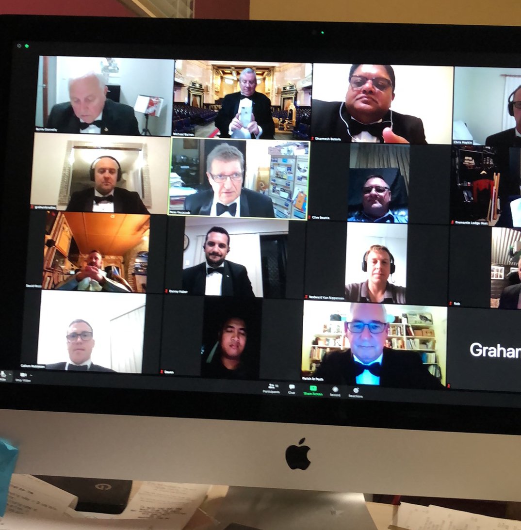 We had another successful Zoom meeting this week. Brethren from as far away as Jordan and Queensland joining for business, a short lecture, even papers for a new Member, then a virtual FB with formal toasts to Q&amp;C, GM etc. Brethren staying in touch!