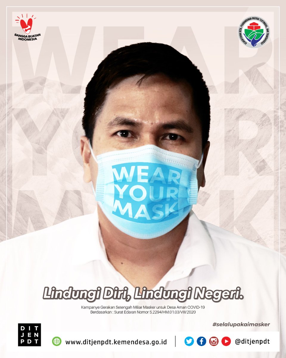 Ditjen_PPDT's tweet photo. WEAR  YOUR MASK!

Ingatkan diri sendiri, keluarga, rekan kerja, sahabat dan orang sekitar, agar selalu menerapkan protokol kesehatan dengan selalu menggunakan masker.

Lindungi diri, lindungi negeri.

#MaskerisasiDesa
#MaskerUntukDesa
#DesaAmanCovid19
#SelaluPakaiMasker https://t.co/nPySX0bXl7