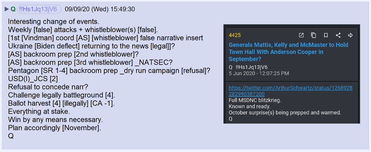 24) Q reposted the above drop from June and updated the timeline of events.Adam Schiff, [AS] Alexander Vindman, and others secretly collaborated on an attempt to remove POTUS via whistleblower complaints.