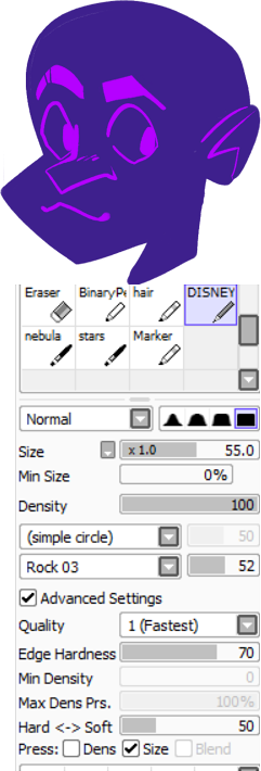 @alicenpai This SAI one was found on tumblr and was described as the kind of charcoal feel you would get off some of the disney concept art hence the name. I tend to use the regular G-pen, mapping pen, and "real" G-pen on CSP for my lineless but I also have used these for rougher feels 