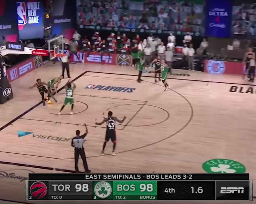 AlexElliott_5's tweet photo. Huge win by Raps! But at end of regulation the foul occurred at 1.8 or 1.6 by the time refs arm is up.  So why is there only 0.9 on the clock when we inbound? 1 extra second can make a huge difference. @NBA https://t.co/WJNO2fr81A