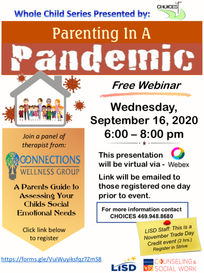 A free webinar entitled, "Parenting In a Pandemic", is being offered on 9/16/20 to any interested parent who would like to learn new ways to better support a child emotionally during the COVID-19 period. See flyer for details. Registration link: forms.gle/VuiWuyiksfqz7Z…