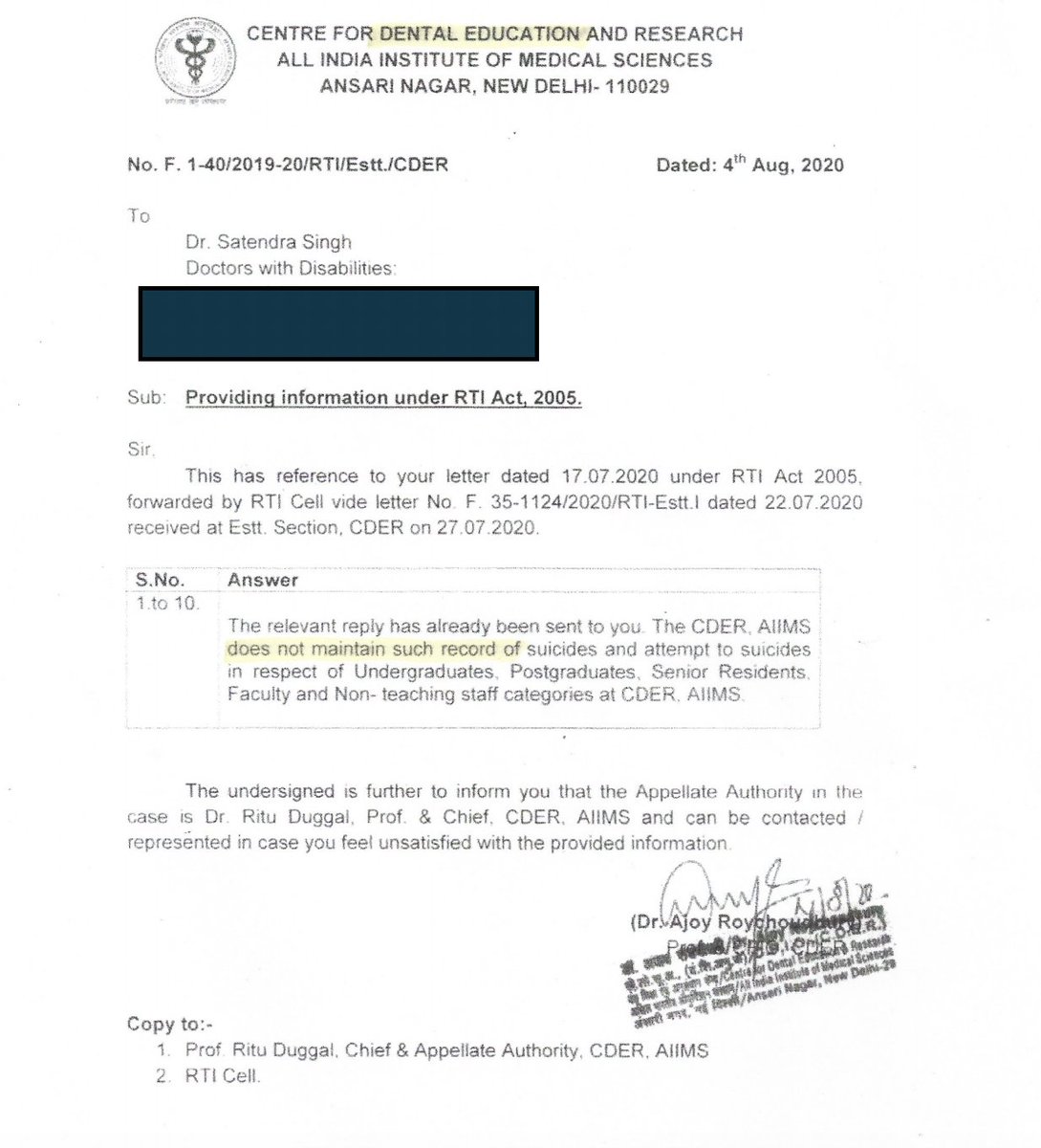Let's move to AIIMS, Delhi. I asked data on no. of suicides/ attempt to suicides happened in the last 10 years, among UG, PG, SR, Faculty & non-teaching staff at MEDICAL, Dental & Nursing courses. CDER, College of Nursing, Faculty Cell did not provide any data  #WSPD2020   6/