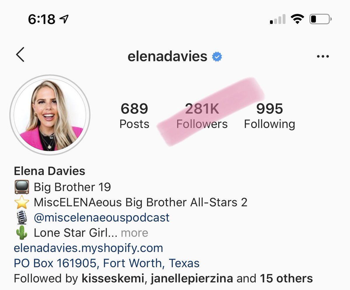 Elena Davies (baddie )  #bb19281K followersshe averages 10,294 likes per post3.66% of her followers engage by liking her posts2/6