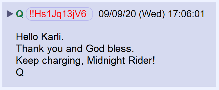 33) Q gave a should out to  @KarluskaP, but did not post a link to her tweet.She said she was on Periscope live when Q began posting today. She and people in the chat said "Hi" to Q on the broadcast, which is why Q responded to her.
