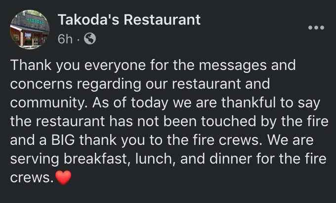 HilaryRoseD's tweet photo. As of 1:40PM on today (9/9), Takoda's Restaurant near Blue Sky Market/Harbick's was unburned. #HolidayFarmFire #McKenzieFire #BlueRiver #McKenzieBridge https://t.co/PGhNNCHx7u https://t.co/dSrzwovFdB