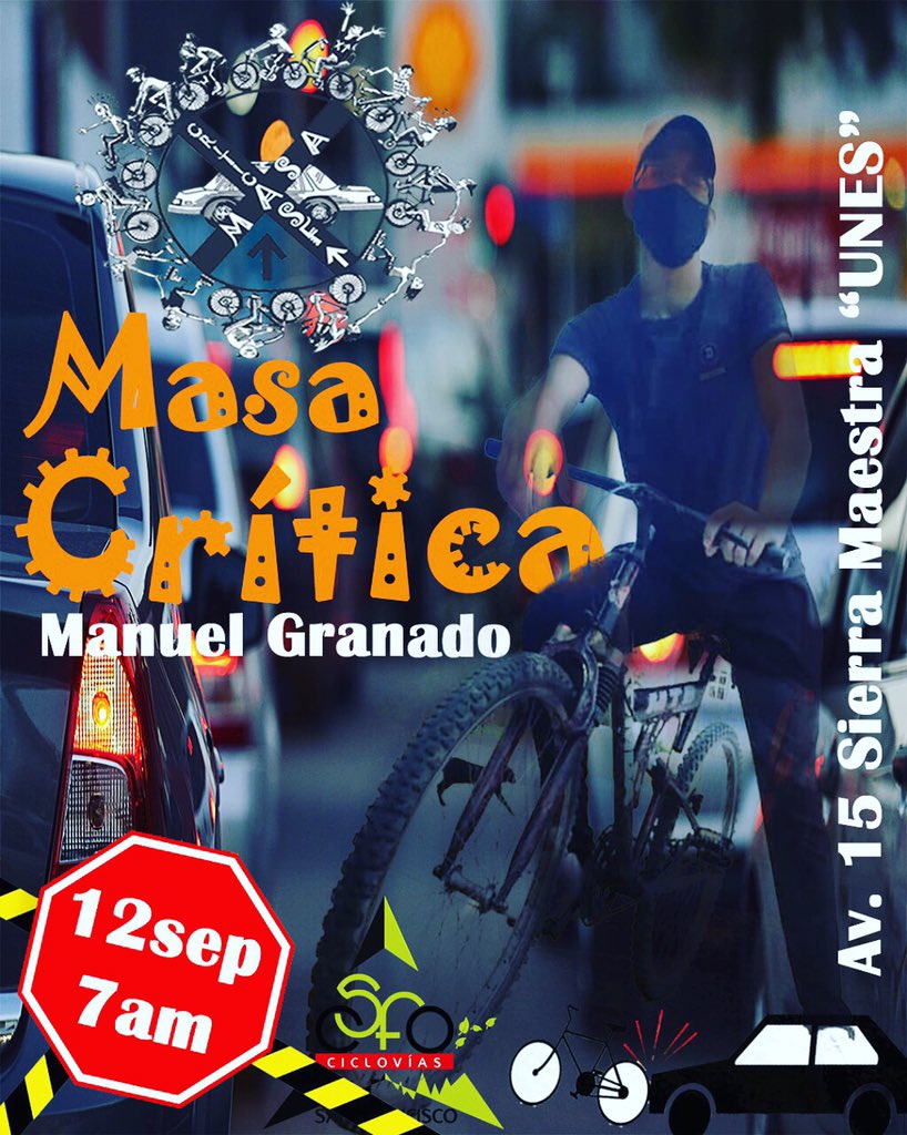 Este sábado 12 de septiembre, los ciclistas de San Francisco rodaremos desde Sierra Maestra hasta la Plaza Bolivar. Masa Crítica por la vida de Manuel Granado #NoMasMuertos 🙌🏽 Ven y rueda con nosotros 🚴🏻‍♀️🚴🏼‍♂️🍃