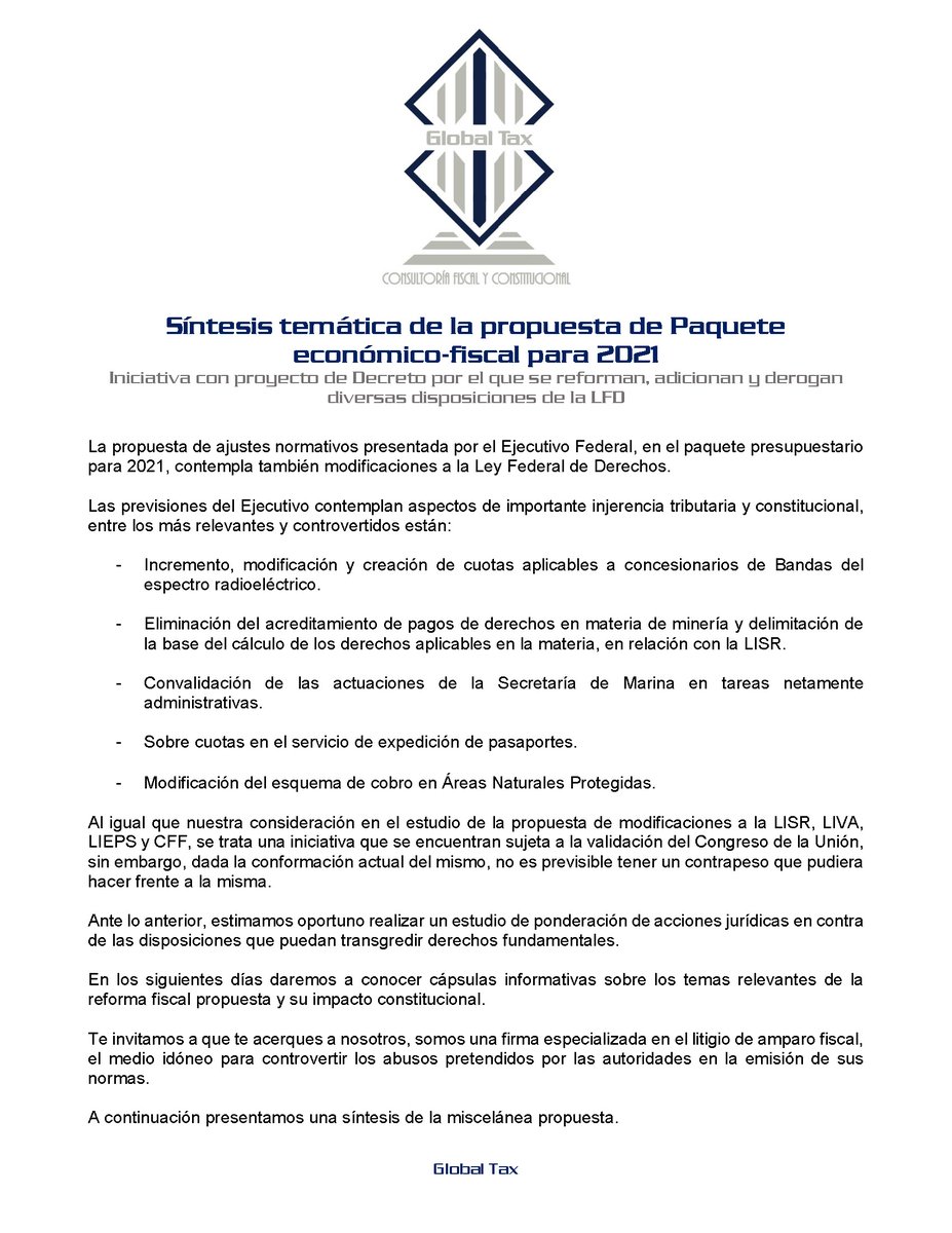 GlobalTaxCFC's tweet image. Les compartimos una síntesis de la propuesta de modificaciones a la Ley Federal de Derechos, con motivo de la presentación del Paquete Económico y Fiscal para 2021.

En Global Tax, estamos listos!!!