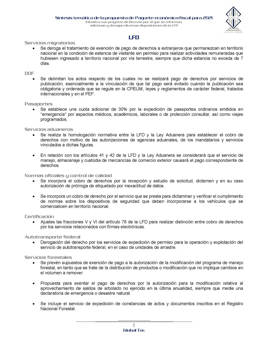 GlobalTaxCFC's tweet image. Les compartimos una síntesis de la propuesta de modificaciones a la Ley Federal de Derechos, con motivo de la presentación del Paquete Económico y Fiscal para 2021.

En Global Tax, estamos listos!!!