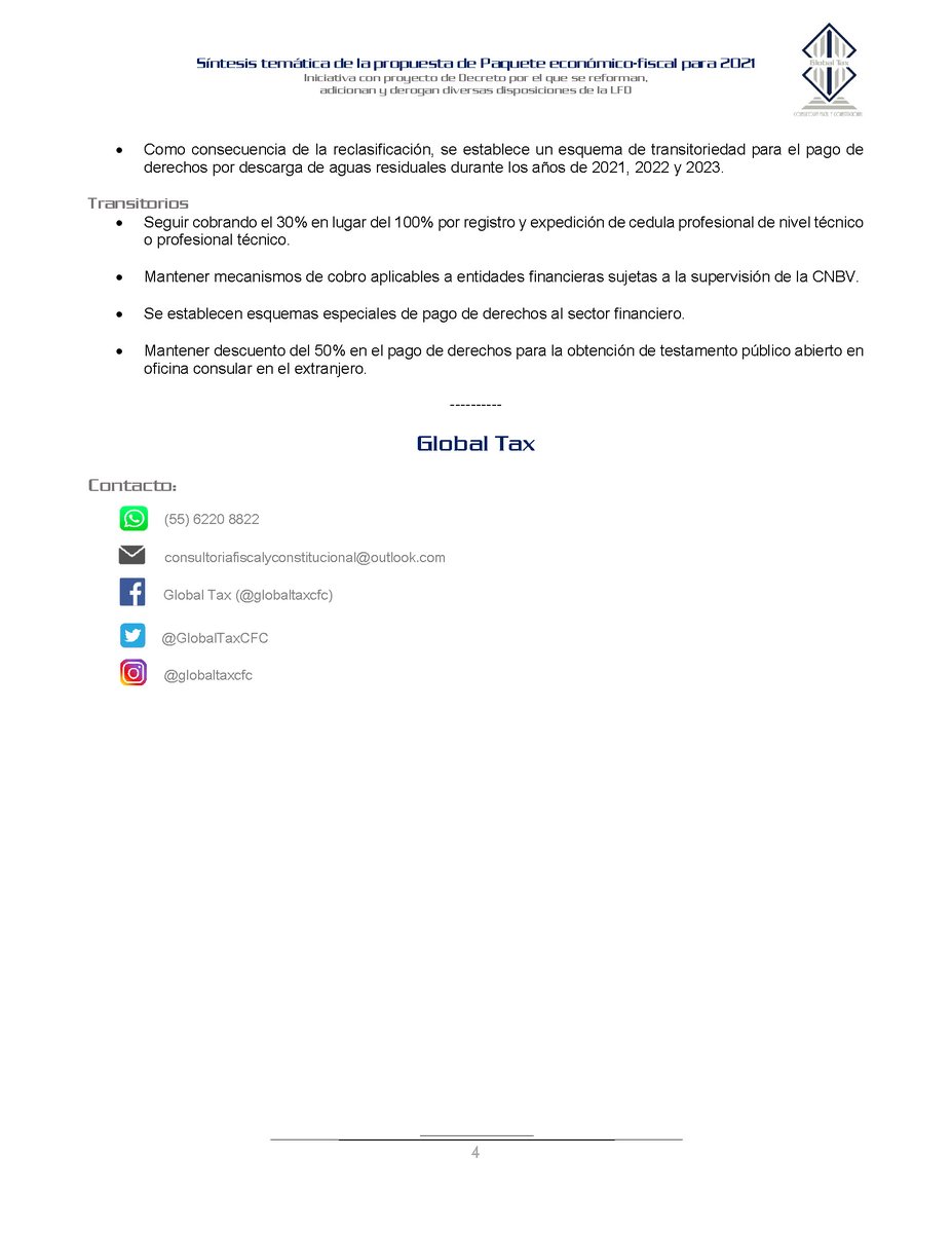 GlobalTaxCFC's tweet image. Les compartimos una síntesis de la propuesta de modificaciones a la Ley Federal de Derechos, con motivo de la presentación del Paquete Económico y Fiscal para 2021.

En Global Tax, estamos listos!!!