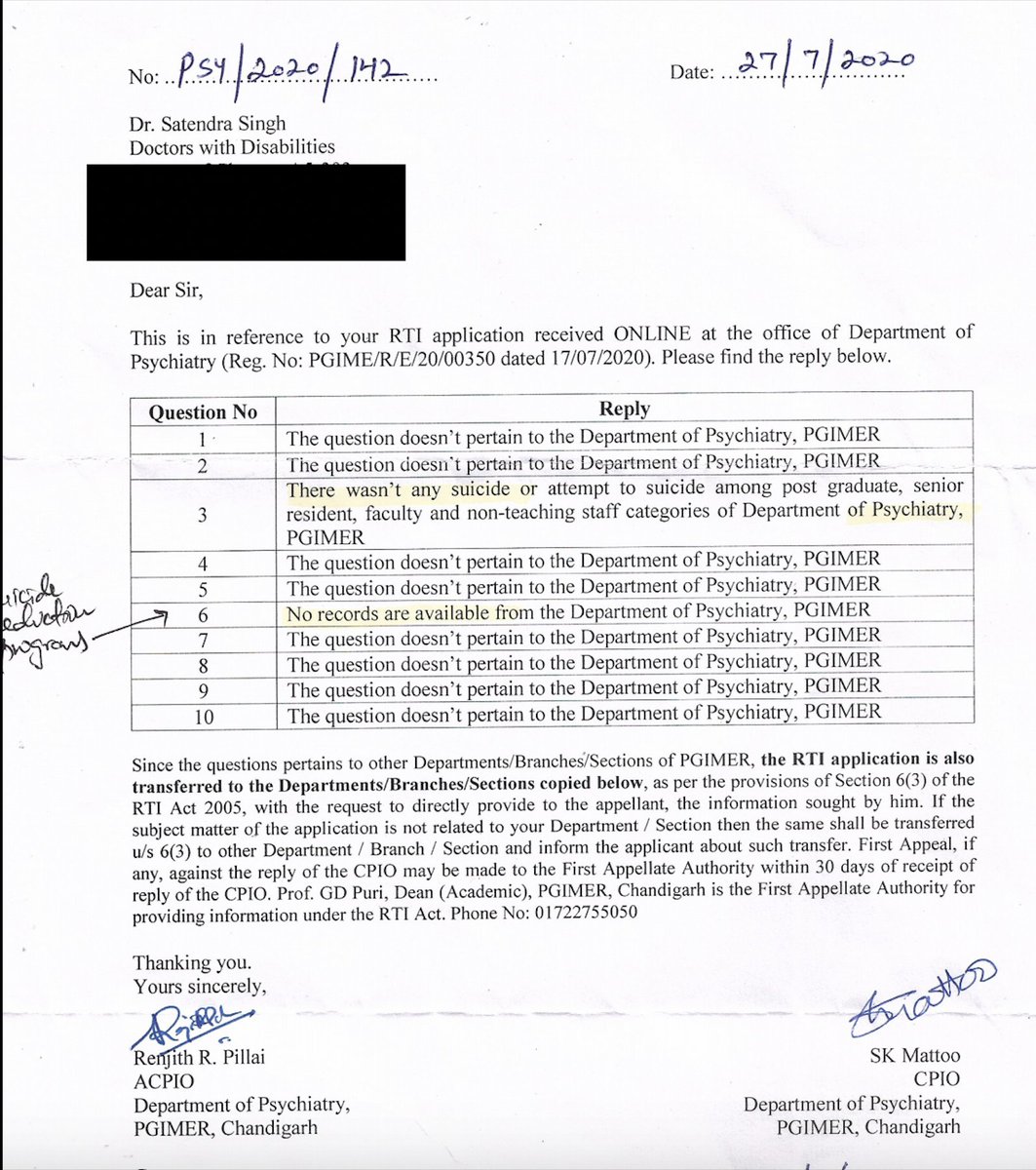 PGIMER Chandigarh is the worst offender when it comes to RTIs. They have no data except no suicidal death in psychiatry. They have no record of doing  #SuicidePrevention   programs mandated under  #MHCA2017.  @DrJagatpgi  #WSPD2020   9/