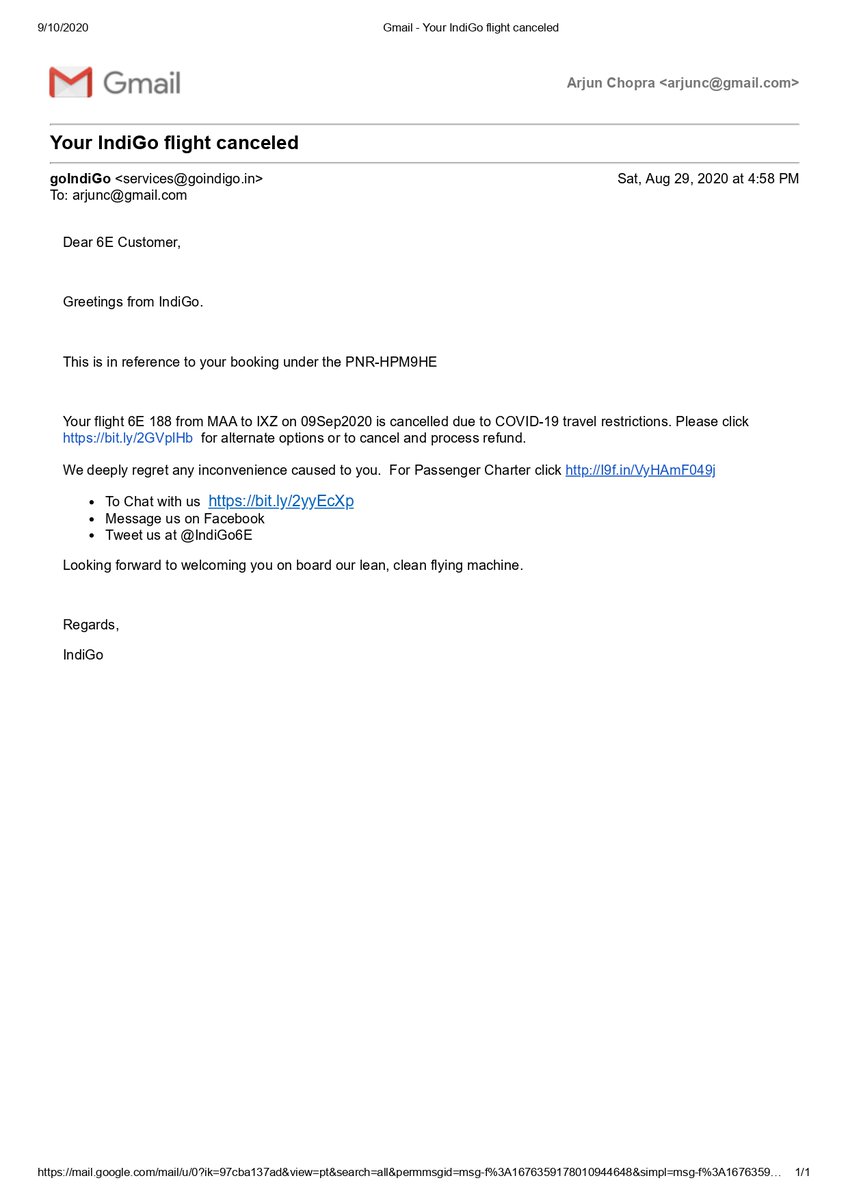 arjunc3012's tweet photo. @IndiGo6E  @Cleartrip Indigo, You cancel the flight due to Covid, following which i apply for refund. And now you are not giving me my full refund. Your mail screenshots attached (Cancellation mail from you at: 4:58 PM, Refund mail from you at: 9:32 PM). What is going on??? https://t.co/Tu2au6CKzv