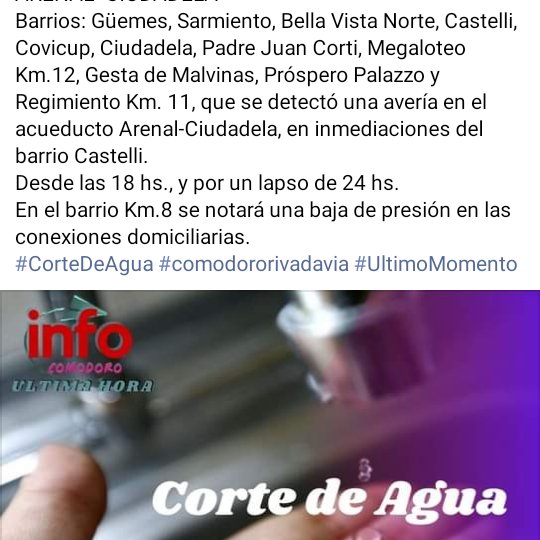 info_comodoro's tweet photo. #cortedeagua #ComodoroRivadavia en 11 BARRIOS por avería en arenal-ciudadela. https://t.co/NQZiXY0uDD