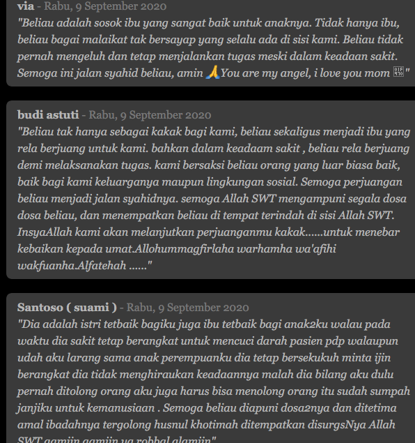 aik_arif's tweet photo. Testimoni dari anak, suami serta keluarga dan sejawat untuk perawat Setyaningsih ini menunjukkan, almarhumah bukan hanya sosok yg berdedikasi, tp jg ibu yg dicintai. Beliau gugur setelah tertular COVID-19 krn membantu pasien PDP cuci darah. https://t.co/qBxmBKIQBn #pusaradigital https://t.co/pTjXgmbosP