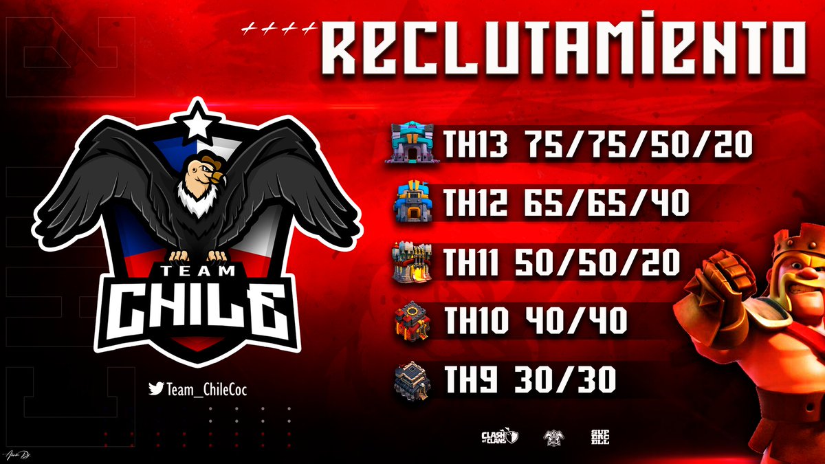 Damos inicio oficialmente al reclutamiento de la Selección Chilena de coc,  si quieres ser parte no dudes en escribirnos por DM📩. Te esperamos, si quieres defender estos colores y dar el máximo no lo dudes! Son pocos cupos por cada nivel de ayuntamiento.🇨🇱🇨🇱🇨🇱