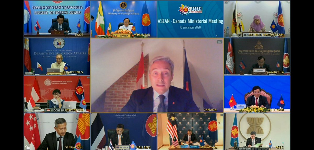 ASEAN2020VN's tweet photo. #ASEAN2020VN 
#CohesiveAndResponsive 
#AMM53 

1/2 - DPM/@FMPhamBinhMinh  joins @ASEAN's FMs and FM @FP_Champagne at ASEAN-Canada Ministerial Meeting this morning ... https://t.co/tdKZy3ZEr4