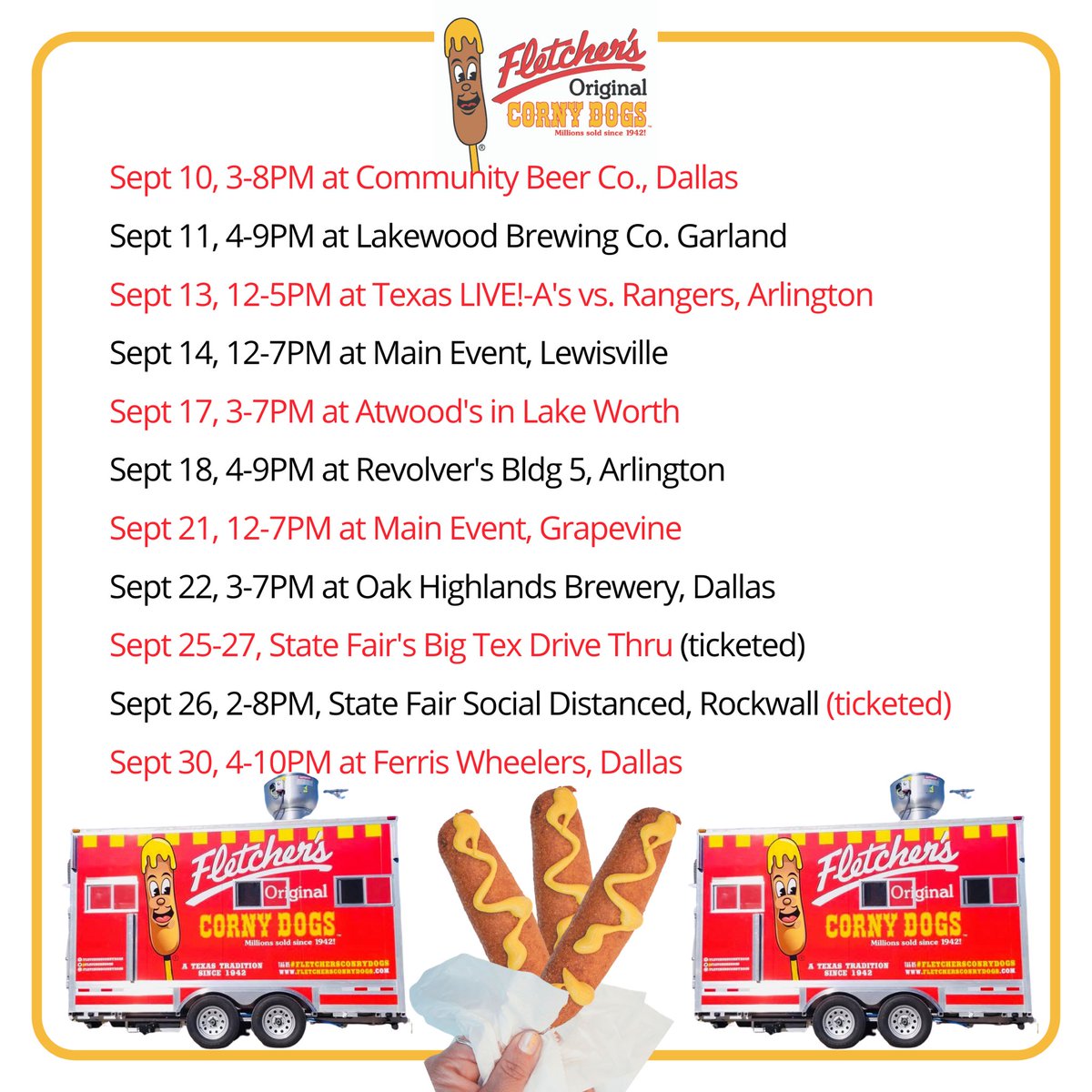 FletchersDogs's tweet photo. Hello September, and here we go! Find a location near you to get your Fall Fletcher’s Fix. There’s even MORE to come too!🎡🍂
#statefairoftx #statefairoftexas #corndog #cornydog #texastradition #dallas #texas #dallasfoodblogger #dallaspopup #dfwevents https://t.co/wAVXobBXq5