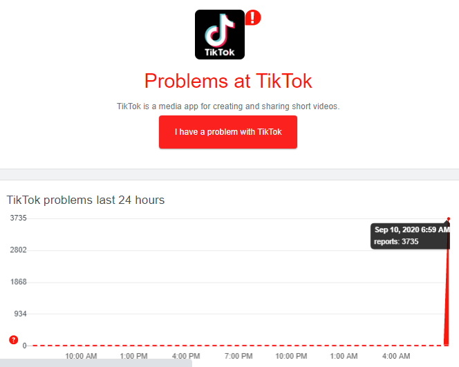 WebsiteCrashes's tweet photo. Tiktok issues and crashes at 4:09AM 09/10/2020 UTC! Website shows ~3,750 error reports! Retweet if you're having problems too!

Site i used: https://t.co/hdwIiFoO3I
#Tiktok 
#Tiktokdown https://t.co/6zJ2o3YEiU