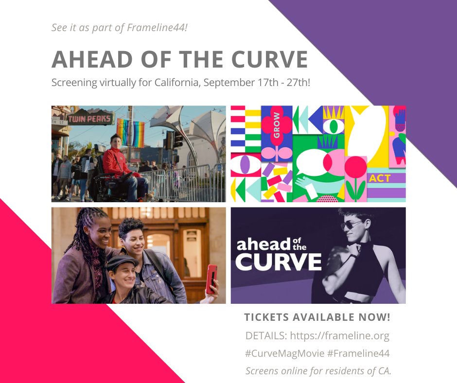 CurveMagMovie's tweet photo. AHEAD OF THE CURVE is screening online at @framelinefest until Sept 27, open to California audiences! 🏳️🌈📽
Tickets & details: 👉 https://t.co/fJfWXGFTiC
Sponsored by @Showtime. Co-presented by @filmcollab. #EngageActGrow #FL44 #CurveMagMovie #LGBTQ #LesbianVisibility #HERstory https://t.co/rV3EC7bzu0