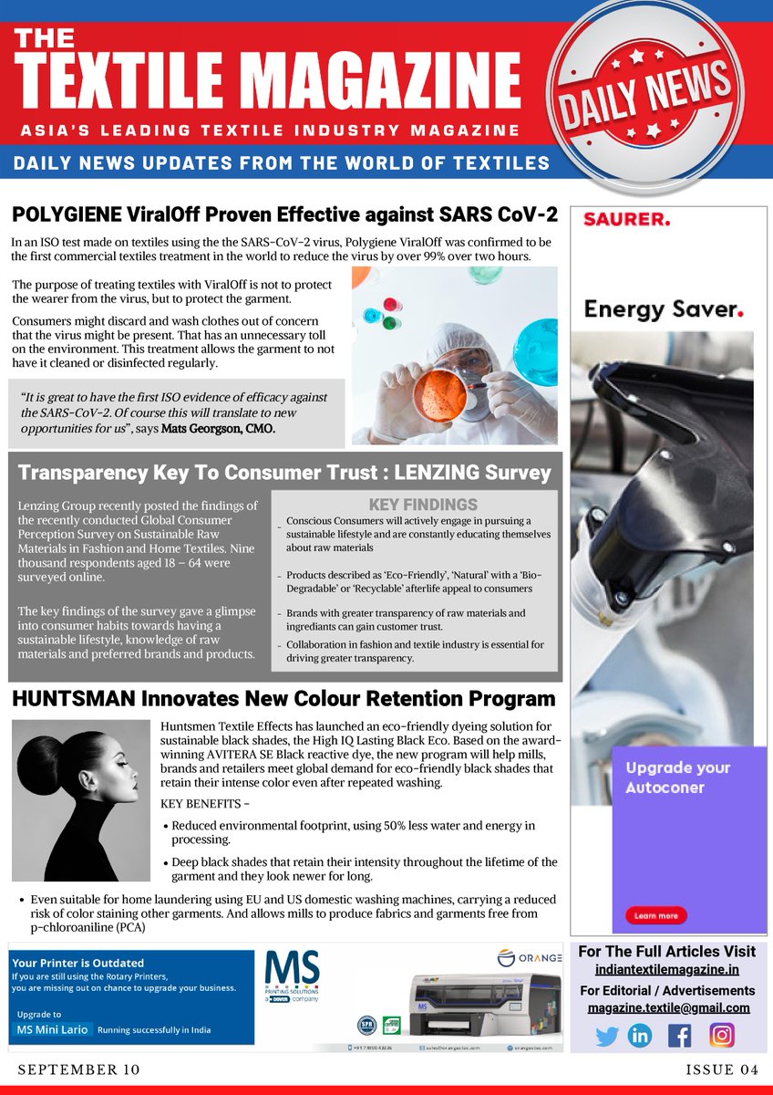 MagazineTextile's tweet photo. #polygiene #viraloff #efficient #covid19 #lenzinggroup #lenzing #survey #huntsman #innovation #color #retention #program #saurer #orangeotec #textiles #textileindustry #textilemachinery #fabric #yarn #fabric #yarn #clothing #textilenews https://t.co/ff2VkBS8dY