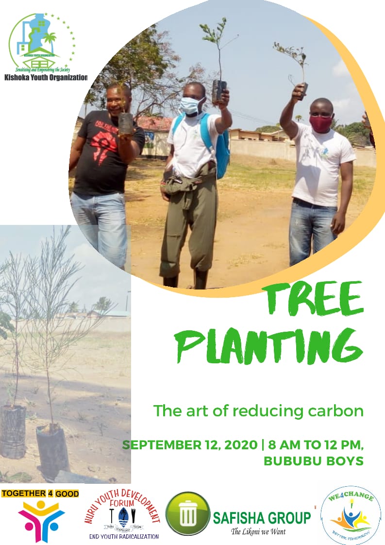 WE4CHANGE, Kishoka Org, Nuru Youth, Safisha Timbwani, Afya Group and Together 4 Good Group welcome members of the public to tree planting session at Bububu School on Saturday 12th of September. Welcome all. 
<a href="/AliMashua/">Ali Mashua</a> <a href="/Hivvo2/">Hyvonne mwololo</a> <a href="/licodeplikoni/">Likoni Community Development Programme</a> <a href="/LikoniG/">Likoni Kaya LIKAGRO</a> <a href="/KishokaYouth/">Kishoka YOUTH Organization</a>