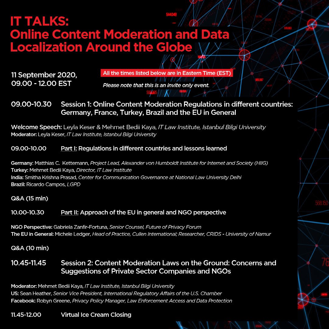 LeylaKeser's tweet image. Just one day left for the IT Talks! We cannot wait to see and hear @MCKettemann @RRCampos10 @smithakprasad @MBediiKaya Michele Ledger @gabrielazanfir Sean Heather and Robyn Greene! @ITLawInstitute
#dataprotection #datalocalization #dataflow #dataeconomy #onlinecontentmoderation