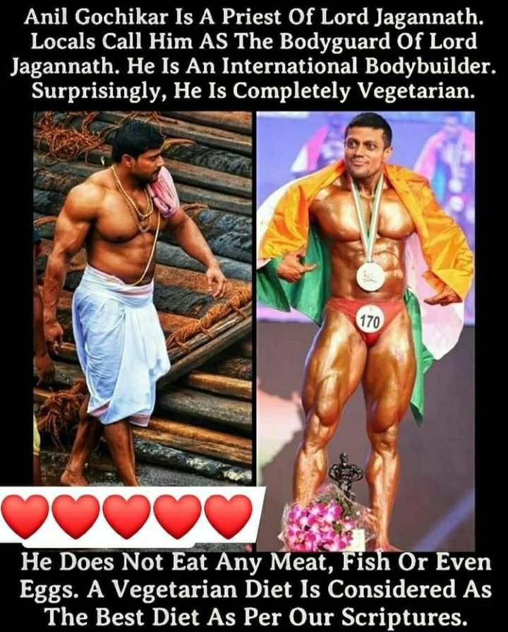 Anil has been working on his fitness and focusing on bodybuilding for the last 10 years and has reportedly won the Mr Odisha title several times and Mr India title in 2012. Besides, he has also won several other national and international titles. 
#anilgochikar #vegetarian 😎