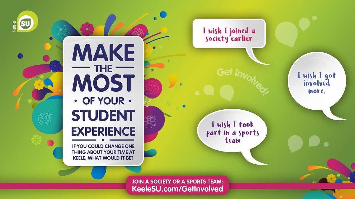KeeleSU's tweet photo. NSS asked 3rd year students what they would change about their university experience and they wish they got involved with their sports team and society earlier. 

Find out what you can get involved with here ➡️ https://t.co/6u3AlFiC8i https://t.co/feN8M8L7Ua