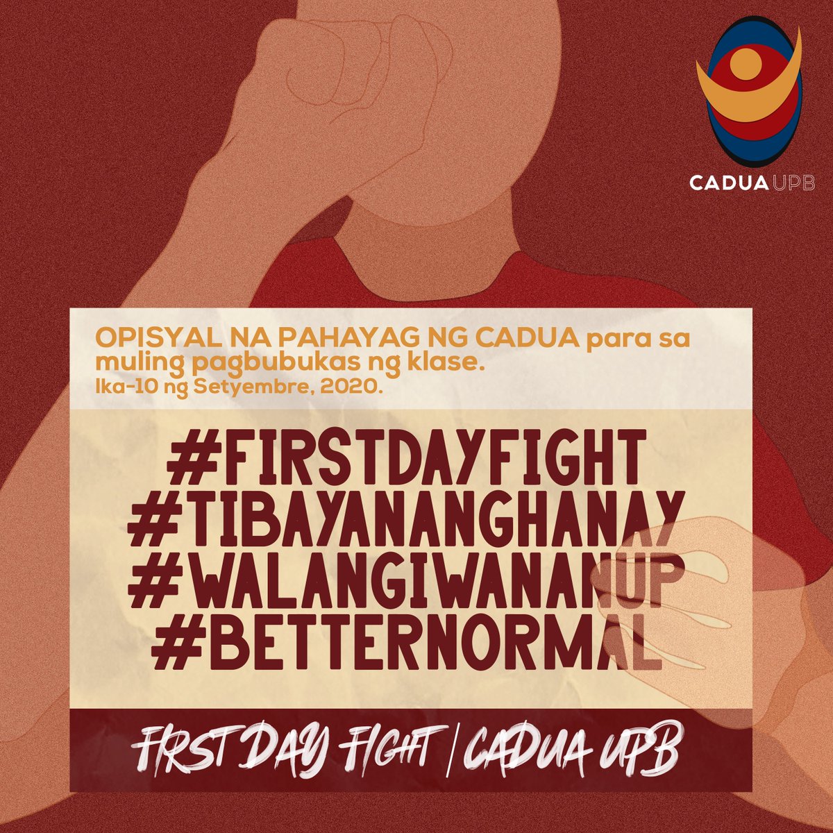CADUAUPB's tweet image. Sa pagharap natin sa mga bagong pagsubok na dala ng remote learning, patuloy nating palakasin pa ang panawagan para sa LIBRE, DE KALIDAD, AT AKSESIBOL NA EDUKASYON PARA SA LAHAT nang walang pagkompromisa sa kaligtasan.
#FirstDayFight
#TibayanAngHanay
#WalangIwananUP
#BetterNormal