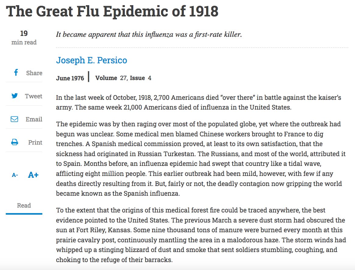 146) In order to help illustrate why this was the case, let me draw your attention to an informative—albeit misguided—American Heritage article from 1976 entitled “The Great Flu Epidemic of 1918.” https://www.americanheritage.com/great-flu-epidemic-1918#4