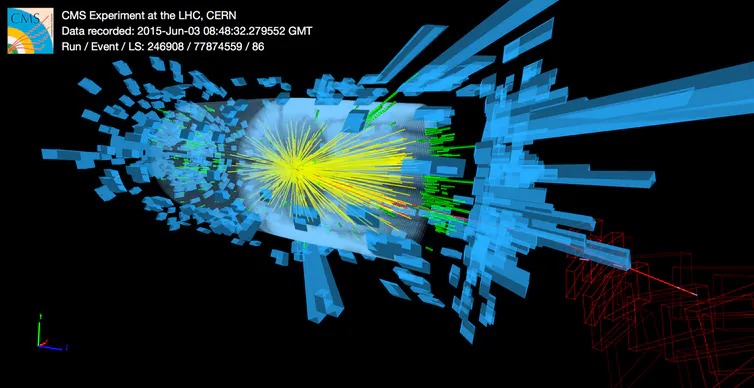 9) Once the protons have all been accelerated and the beam is stable, it's time for them to collide! Proton-proton collisions happen at 4 points around the  #LHC ring, sending sprays of new particles into  @ALICEexperiment  @ATLASexperiment  @CMSExperiment and  @LHCbExperiment.