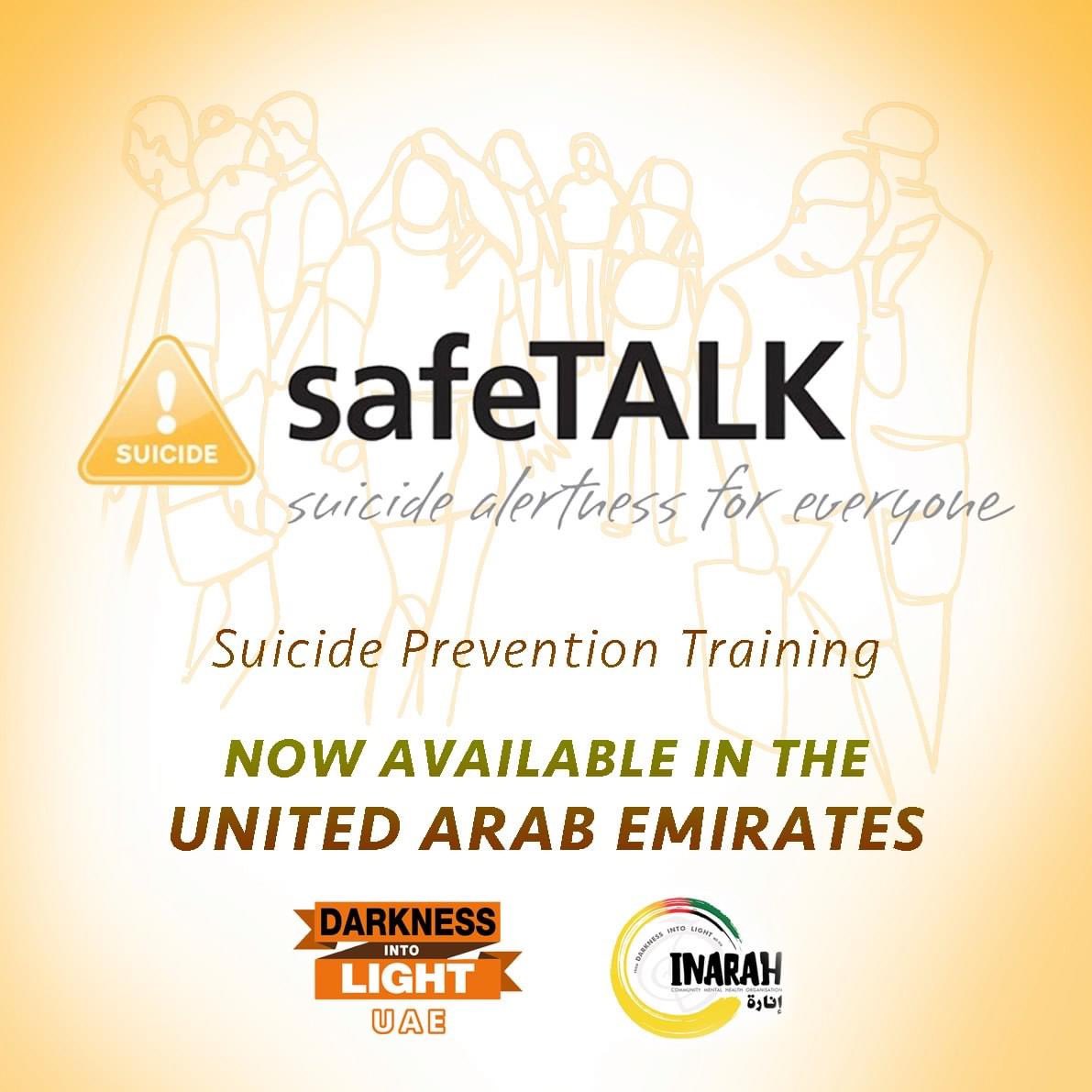 DIL_UAE's tweet photo. 🌟 BIG NEWS 🌟
👉 safeTALK has finally ARRIVED in the UAE 👈

safeTALK is a half-day training on suicide alertness &amp; is a leading world provider of suicide intervention training. For more details &amp; cost of training, please email maria.kelly@dil.ae or call (+971) 58 5833156 https://t.co/Ky5s1S60dO
