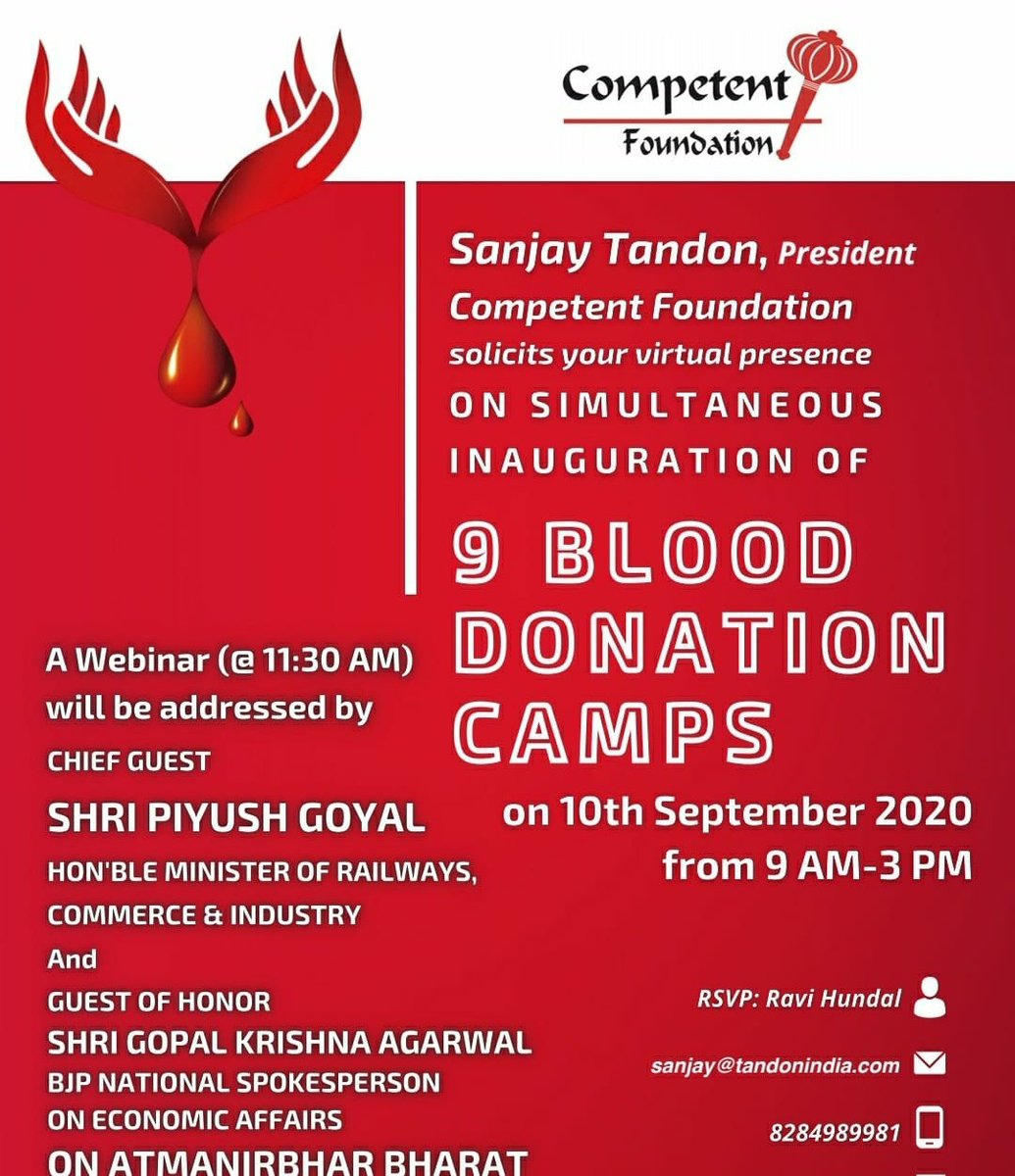 vpsbadnore's tweet photo. I commend the #CompetentFoundation for organizing 9 #BloodDonationCamps together with social organisations in the virtual presence of Hon'ble Union Minister for Railways Commerce&Industry @PiyushGoyal also thank donors for their valuable contribution especially in #COVID19 times https://t.co/q8zRHpTCJU