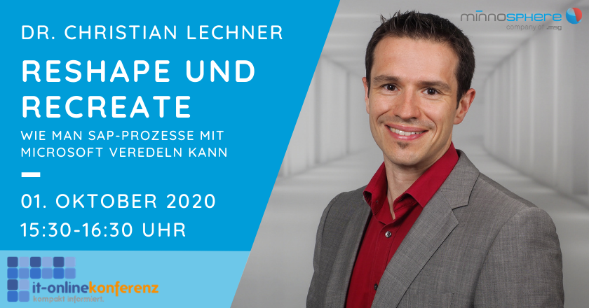 Be there when our colleague @lechnerc77 gives his lecture "Reshape and Recreate"(in German) at the IT Online Conference "SAP and Azure" on October 1st. He will show you how to combine the worlds of #SAP and #Microsoft to redesign processes. Register here: tinyurl.com/y6hw5qpy