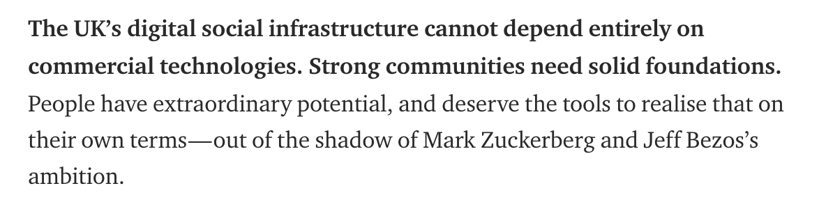 6. Building a community tech stack Lastly: communities deserve more than the crumbs from Big Tech. So we’re calling for a community tech stack that is:*Anti-surveillance *Safe by design *Open source*Priortises problem-solving over profit-making  https://glimmersreport.net/report/communitytech