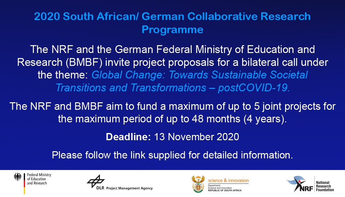 National Research Foundation of South Africa (@nrf_news) on Twitter photo Research proposals are invited from South African and German researchers for the 2020 South African/ German Collaborative Research Programme (SAG-CORE). Details available here: bit.ly/2RdvIuA
@BMBF_Bund @GermanEmbassySA Research proposals are invited from South African and German researchers for the 2020 South African/ German Collaborative Research Programme (SAG-CORE). Details available here: bit.ly/2RdvIuA
@BMBF_Bund @GermanEmbassySA