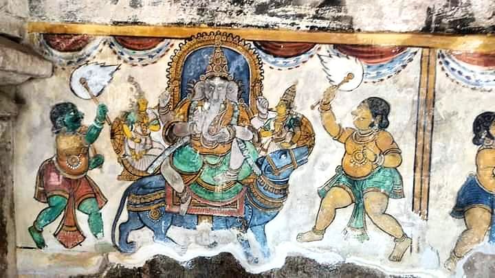 Painting which are found there are mostly influenced by Buddhists. In South Indian temples Paintings have been used vastly. Kailash Temple, Tanjore Temple of Rajarajeshwar are full of depiction of entire folk life of that time.