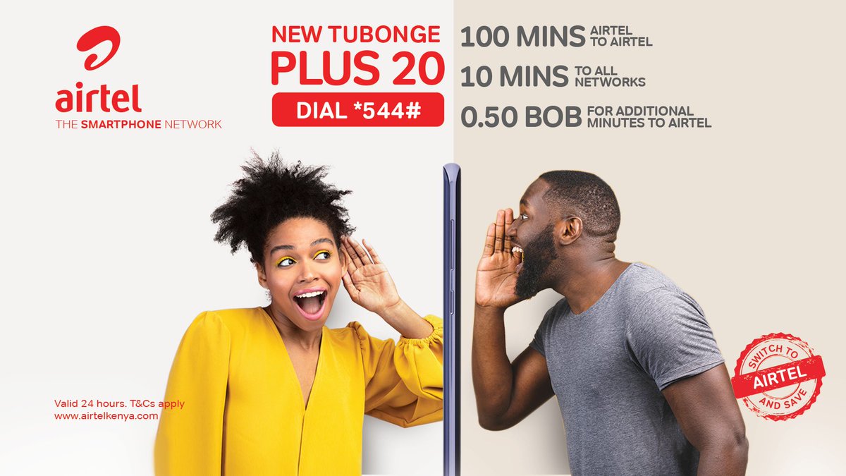 AIRTEL_KE's tweet image. Connect with your family and friends across all networks with the new Tubonge plus - Voice. 
Subscribe to Tubonge Plus 20 to enjoy FREE Airtel to Airtel calls and 10 minutes talk time to all networks for only 20 bob! Dial *544# to subscribe. #UsikatizeStory