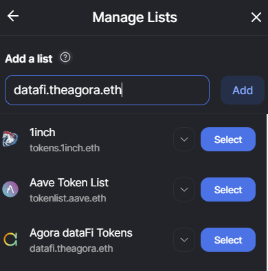 Want easy trading access to leading projects in the decentralised #dataeconomy ?

Just add datafi.theagora.eth to token lists <a href="/UniswapProtocol/">Previous Uniswap Username Use @Uniswap</a> or @SushiSwapLegacy for a basket of leading #datafi projects

#datalego #ethereum <a href="/chainlink/">Chainlink</a> <a href="/hut34project/">hut34</a> <a href="/numerai/">Numerai</a> <a href="/oceanprotocol/">Ocean Protocol</a>