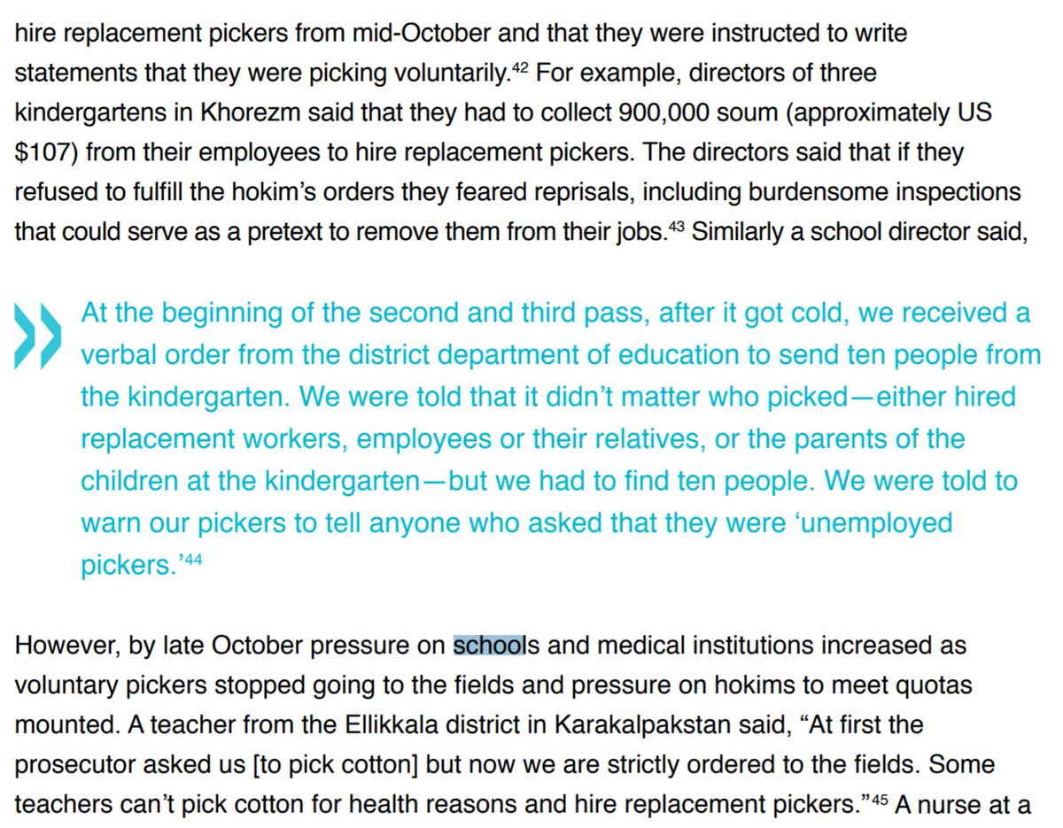 Instead, here are some things that have happened: Both Uzbek teachers and Uzbek children have been regularly pulled from classrooms and used by the state as slave labor in cotton fields. Some reports from teachers in the images. https://en.wikipedia.org/wiki/Child_labour_in_Uzbekistan https://www.uzbekforum.org/wp-content/uploads/2019/04/Cotton_Harvest_2018_Klein_Mail.pdf