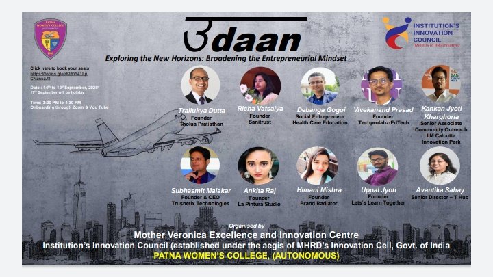 IicPwc's tweet photo. INSTITUTION'S INNOVATION COUNCIL,Patna Women's College is organising U D A A N - Exploring the new horizons and broadening entrepreneurial mindset. An Online students' development programme on entrepreneurship from 14th of september to 19th of september
-Time: 3:00 pm to 4:30 pm https://t.co/DmC8Hwom4j