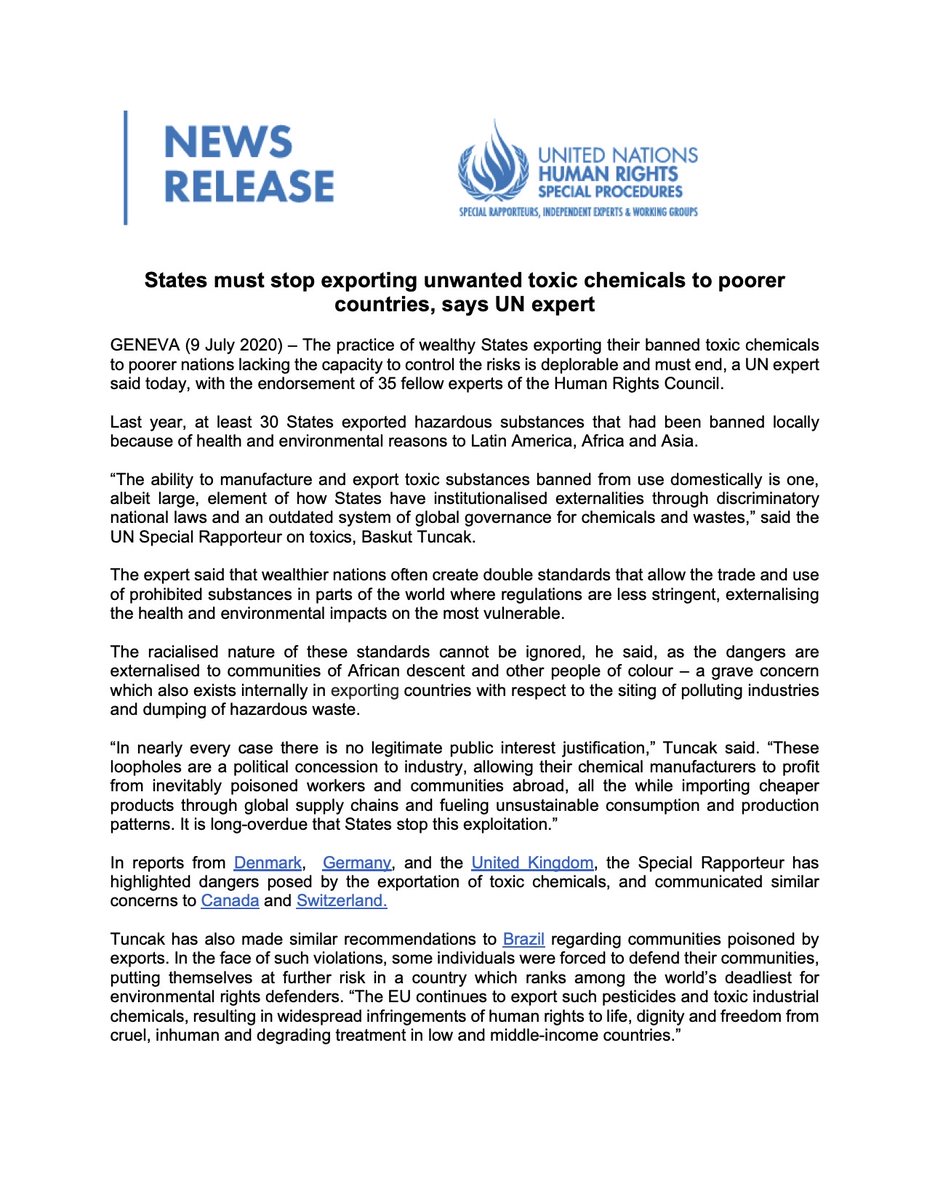 5/ Over 35 independent experts of the  @UNHumanRights Council are calling for an end to this abhorrent practice, incl.  @HilalElver  @MichaelFakhri  @WGBizHRs  @SRtoxics  @SREnvironment  @srpoverty  @AgnesCallamard  @MaryLawlorhrds  @cvoule  @TomObokata  @SRWatSan  https://www.ohchr.org/en/NewsEvents/Pages/DisplayNews.aspx?NewsID=26063&LangID=E