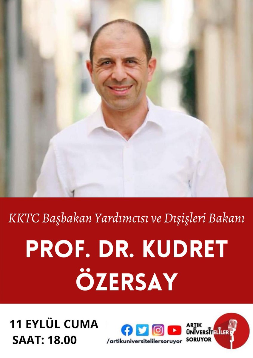 Artık Üniversiteliler Soruyor (@artikunisoruyor) on Twitter photo Cuma günü saat 18.00'de Kuzey Kıbrıs Türk Cumhuriyeti Başbakan Yardımcısı ve Dışişler Bakanı aynı zamanda Cumhurbaşkanı Adayı Sn. Prof.Dr. Kudret Özersay bey Canlı yayın'da sizlerle birlikte olacak ...
Senin Hikayen Gençlerin Hikayesi...
<a href="/KudretOzersay/">Kudret Özersay</a>
<a href="/KKTC_Disisleri/">Dışişleri Bakanlığı</a> Cuma günü saat 18.00'de Kuzey Kıbrıs Türk Cumhuriyeti Başbakan Yardımcısı ve Dışişler Bakanı aynı zamanda Cumhurbaşkanı Adayı Sn. Prof.Dr. Kudret Özersay bey Canlı yayın'da sizlerle birlikte olacak ...
Senin Hikayen Gençlerin Hikayesi...
<a href="/KudretOzersay/">Kudret Özersay</a>
<a href="/KKTC_Disisleri/">Dışişleri Bakanlığı</a>