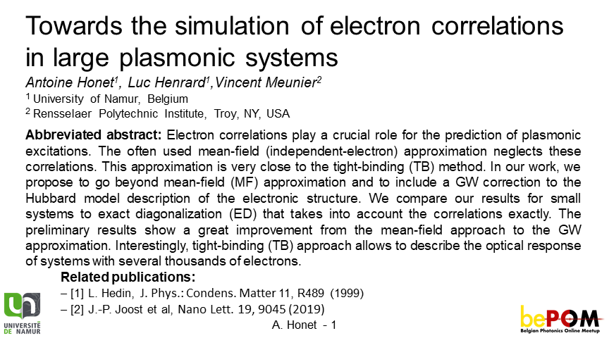 AntoineHonet's tweet image. An atomistic approach including electron correlation effects to describe #plasmonic systems.
GW approximation is used to solve the #HubbardModel. @bePhotonMeetup #bePOM20