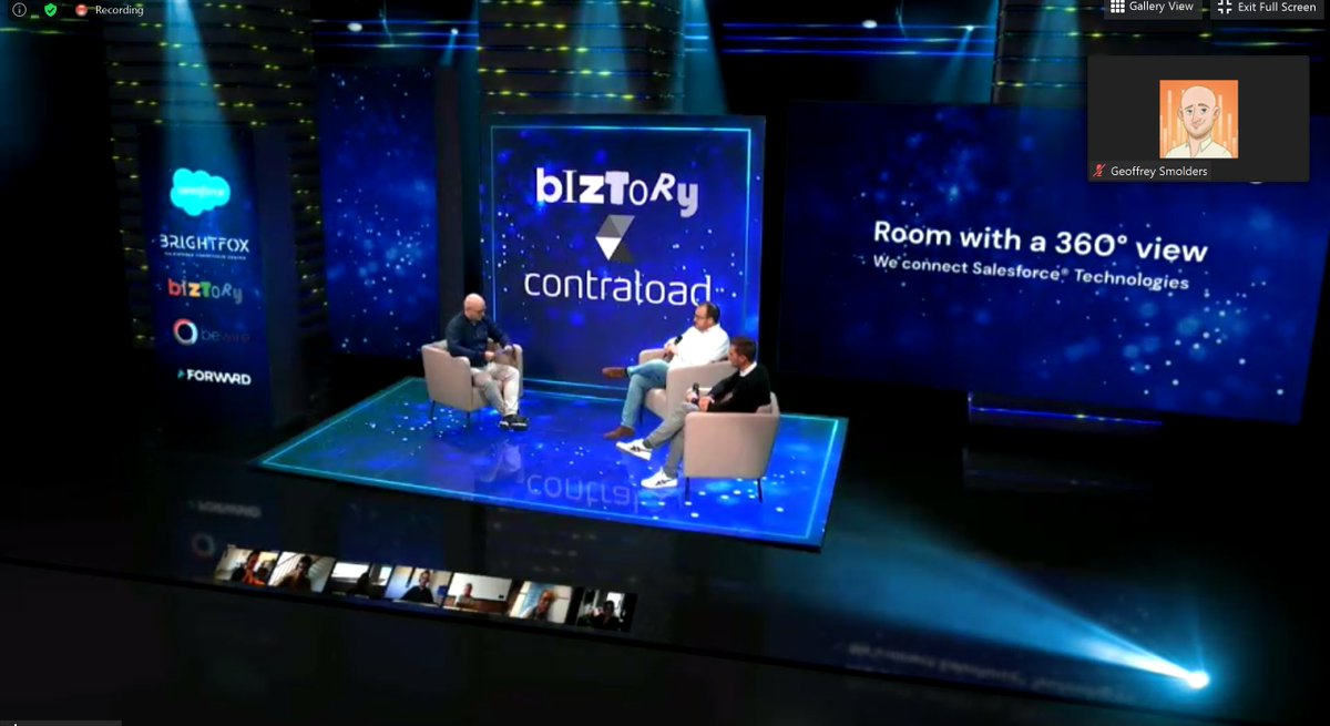 Biztory's tweet photo. Our own Customer Success Manager, Matthias, taking the stage with Raf to discuss the deployment and project at our customer Contraload. #room360 #tableau #virtualconference #zoom #salesforce #screenshot https://t.co/HgaEiO40b7
