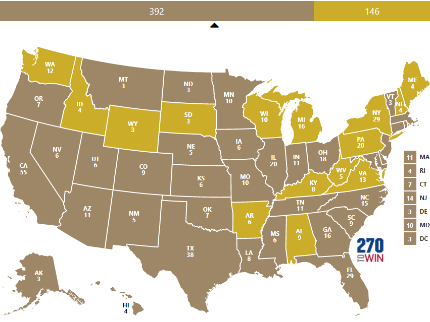 However, some ballot processing can happen before Election Day. Here, states that don't allow any ballot processing at all until Election Day. Only 146 electoral votes. This map includes special provisions for 2020: https://www.ncsl.org/research/elections-and-campaigns/absentee-and-mail-voting-policies-in-effect-for-the-2020-election.aspx